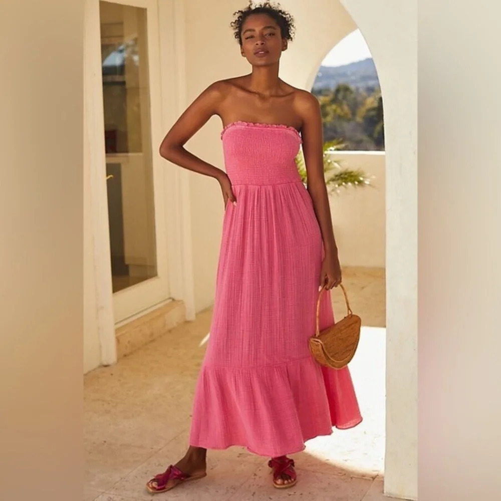 NWT Anthropologie Marisol Pink Smocked Dress Large Petite - Picture 1 of 6